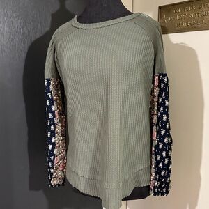 Knox Rose Boho Printed Sleeve Thermal Waffle Knit Long Sleeve Tee Shirt Blouse💜